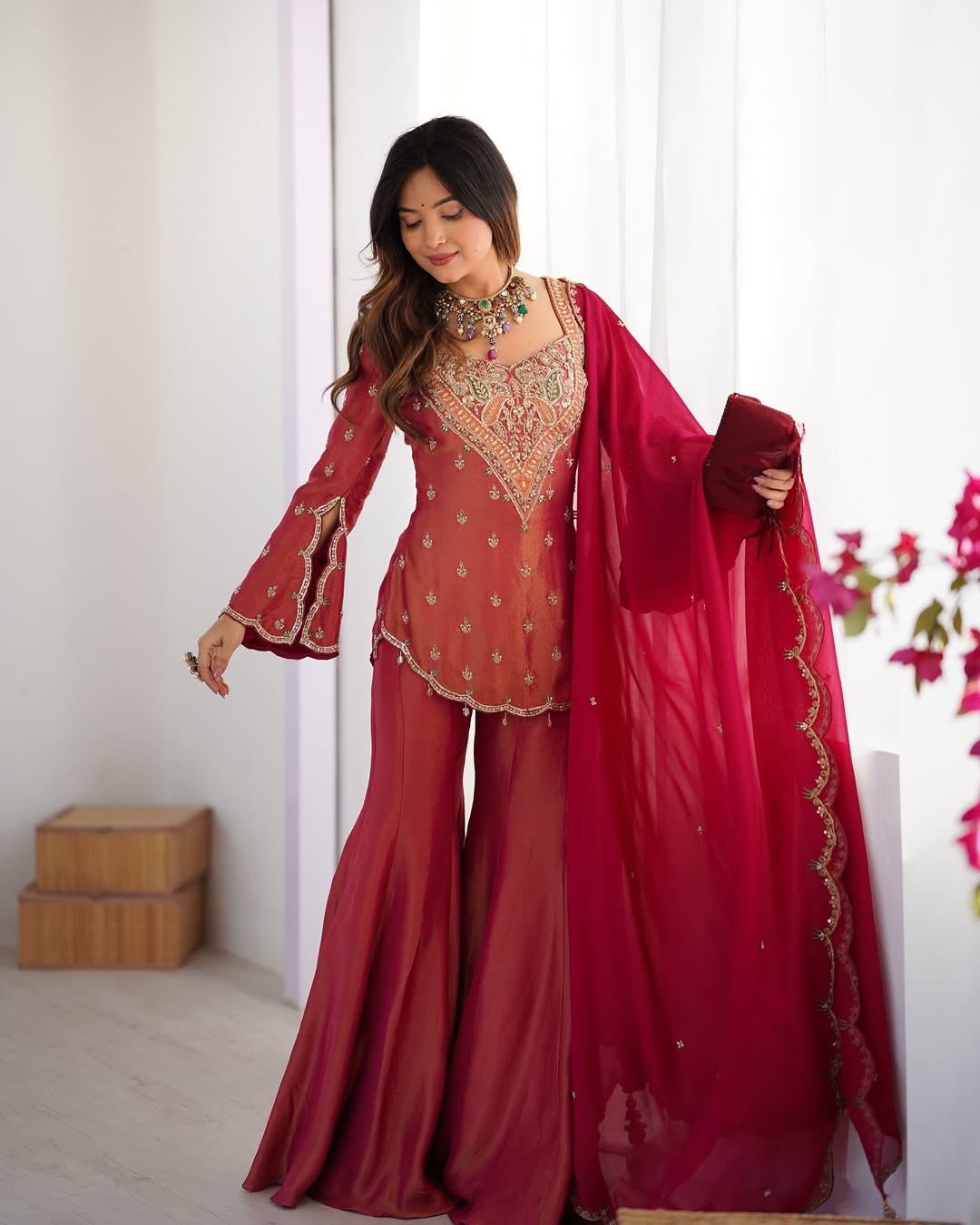 Premium Simar Silk Embroidery Sharara Set
