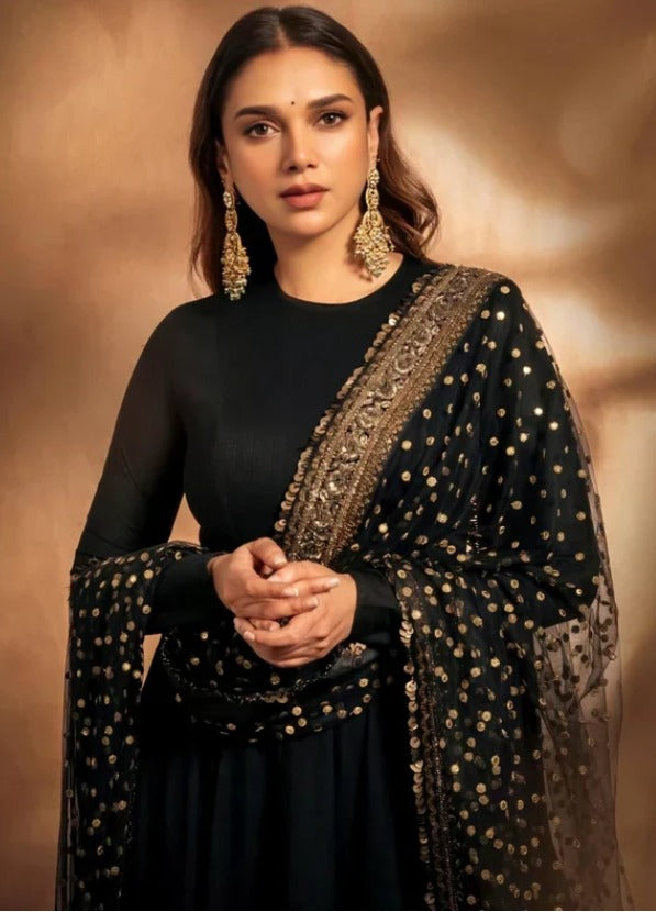 Elegant Black Embroidered Anarkali Suit with Sequin Net Dupatta