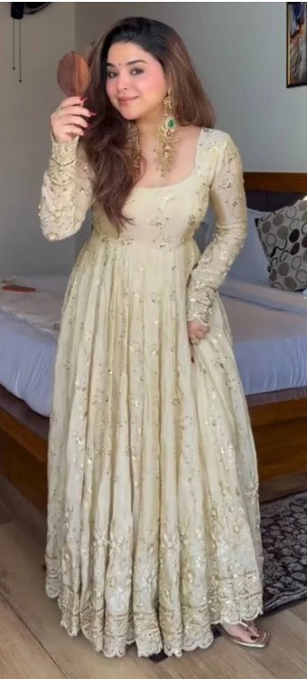 Ivory Embroidered Anarkali Suit with Elegant Sequin Work & Dupatta