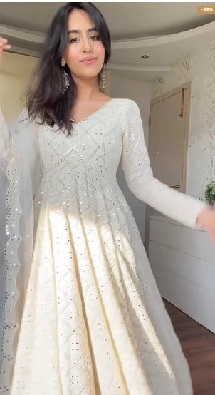 Ivory White Embroidered Anarkali Gown with Sequin Detailing