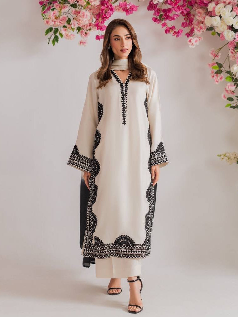 Black & Ivory Embroidered Pakistani Suit with Elegant Dupatta