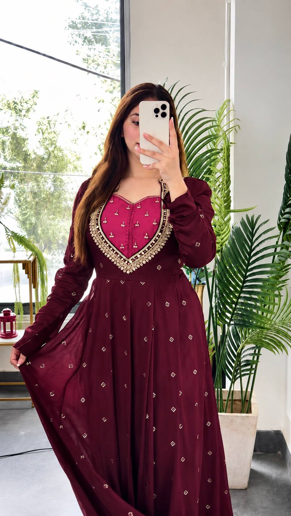 Wine Maroon Embroidered Suit with Floral Printed Designer Dupatta