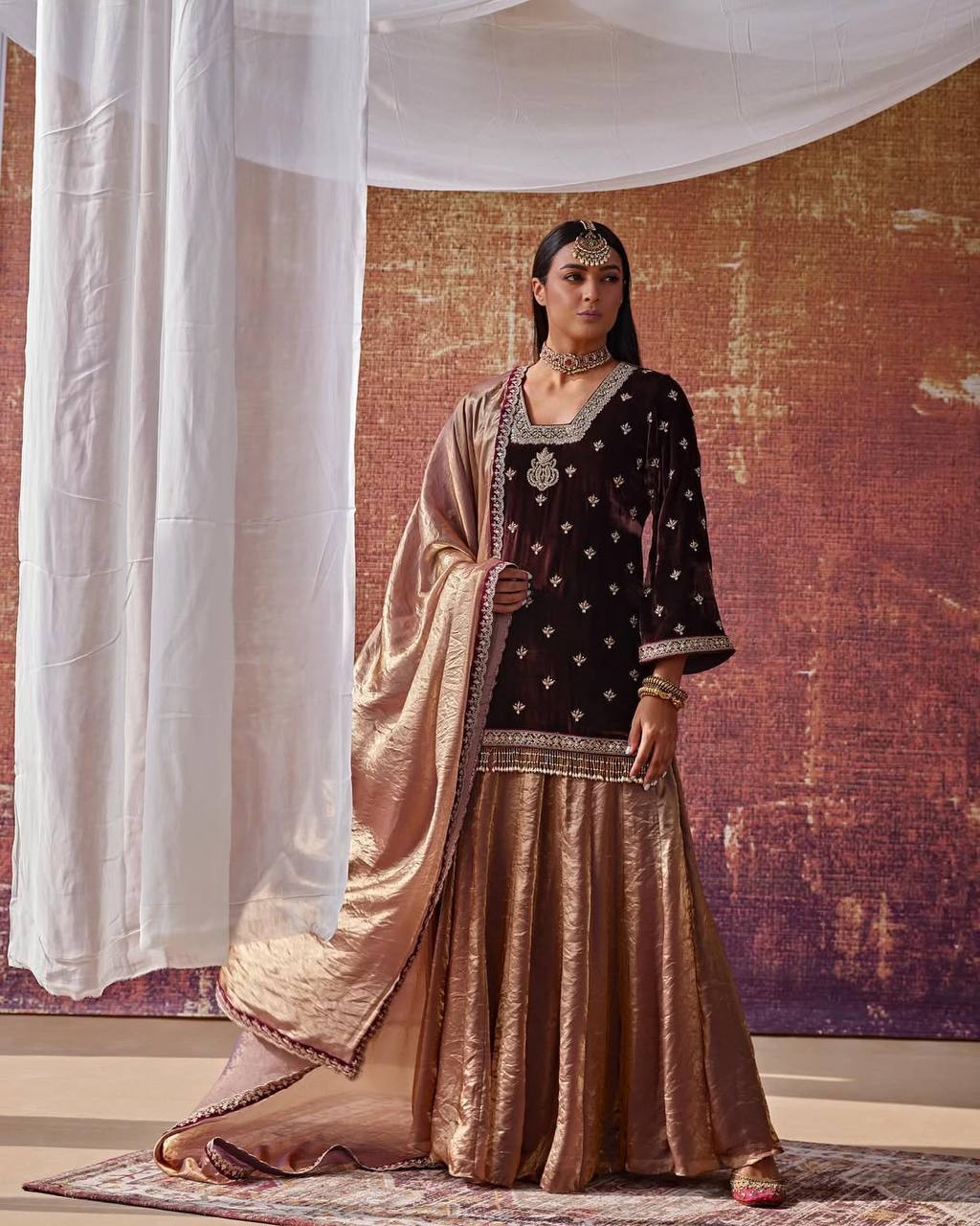 Elegance Redefined: Brown and Gold Embroidered Suit