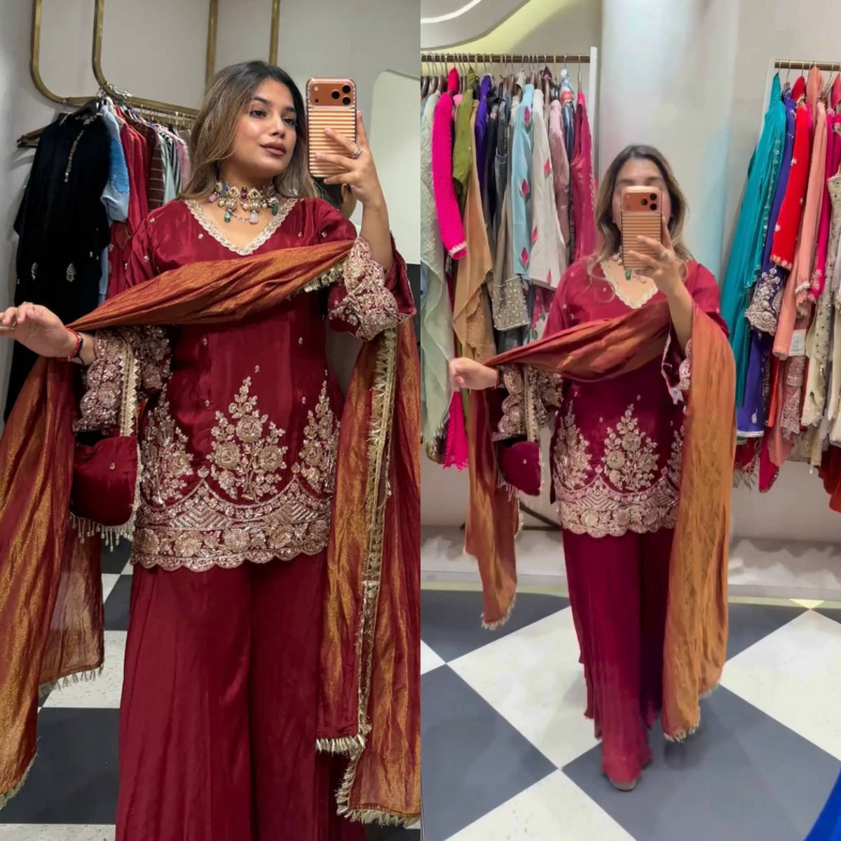 Wine Maroon Zari Embroidered Festive Suit