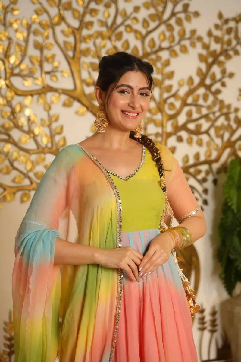 Pastel Rainbow Ombre Anarkali Suit Set with Dupatta