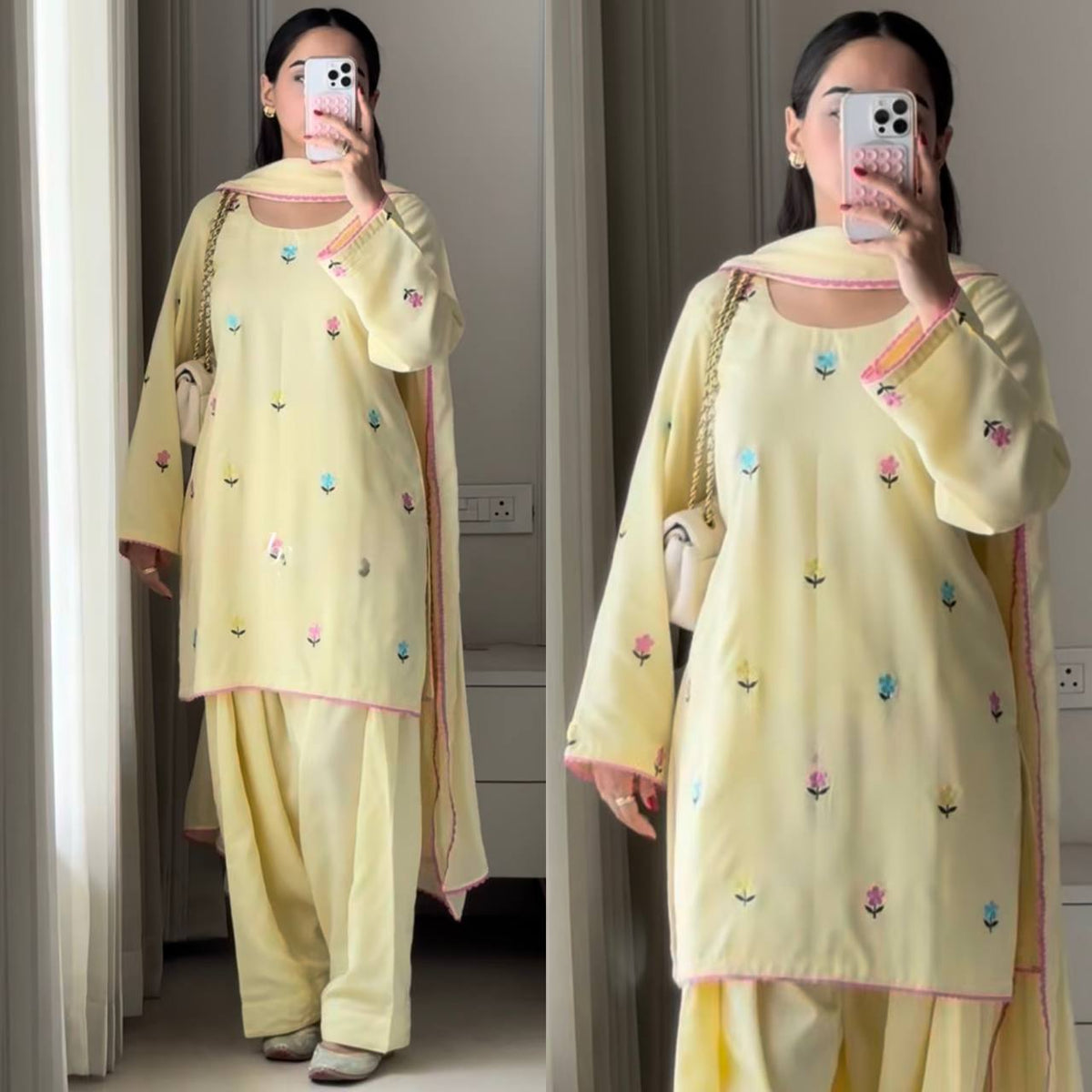 Pastel Yellow Floral Embroidered Straight Suit Set with Dupatta
