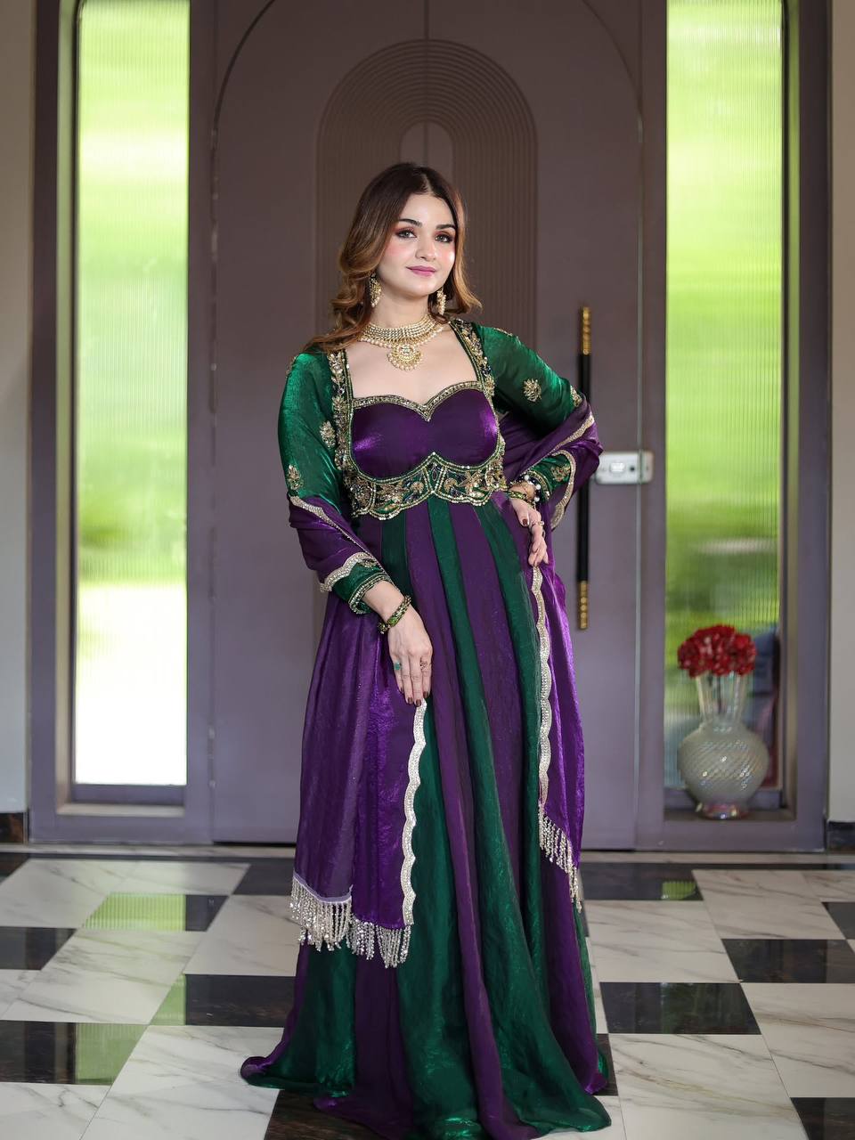 Royal Purple Emerald Green Embroidered Anarkali Gown with Dupatta