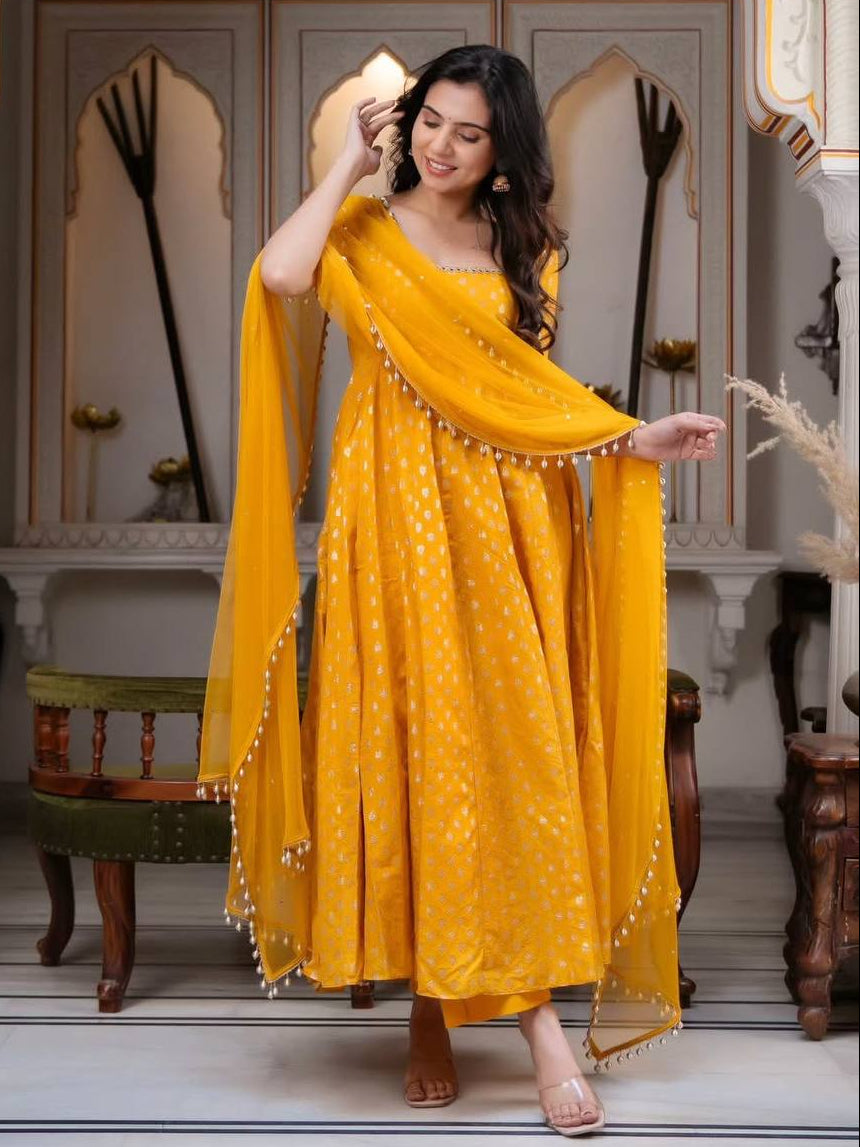 Mustard Yellow Embroidered Anarkali Suit Set with Pearl-Detailed Dupatta