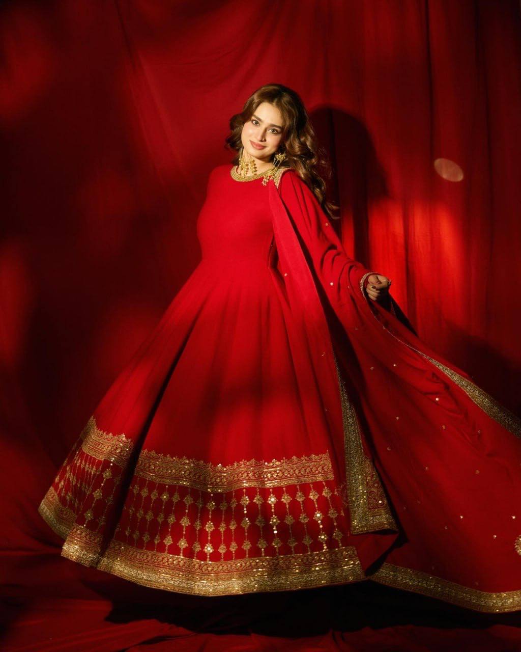 Women's Festive Wear Red Long Anarkali Gown with Pant and Dupatta