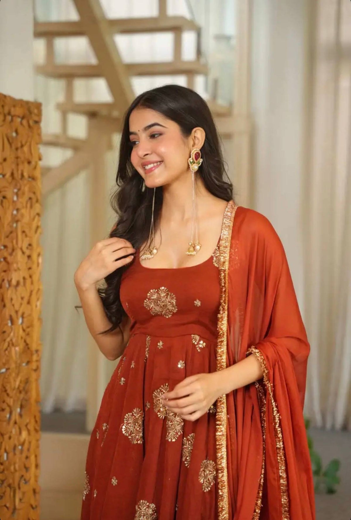 Rust Orange Embroidered Anarkali Gown with Dupatta