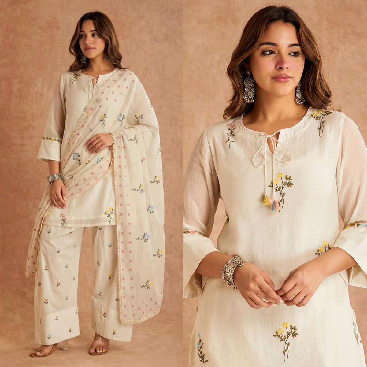 Ivory Floral Embroidered Kurta Palazzo Set with Printed Dupatta