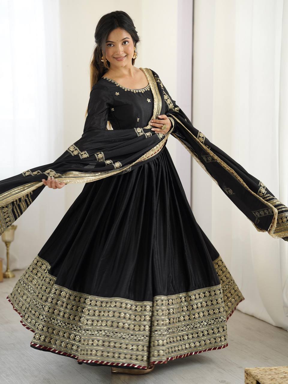 Black & Grey Embroidered Anarkali Suit Set