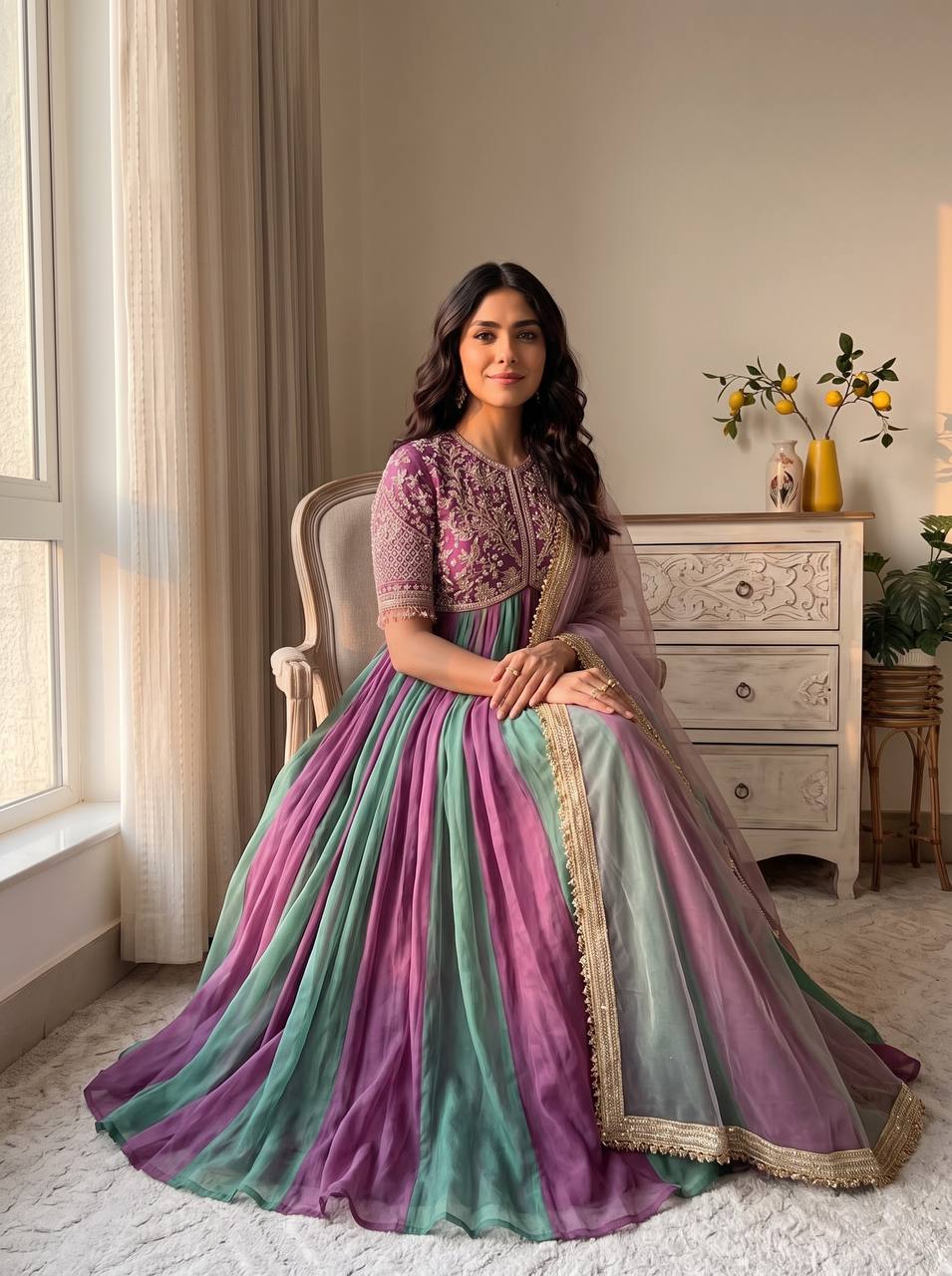 Rose Pink Floral Embroidered Multicolor Anarkali Suit Set
