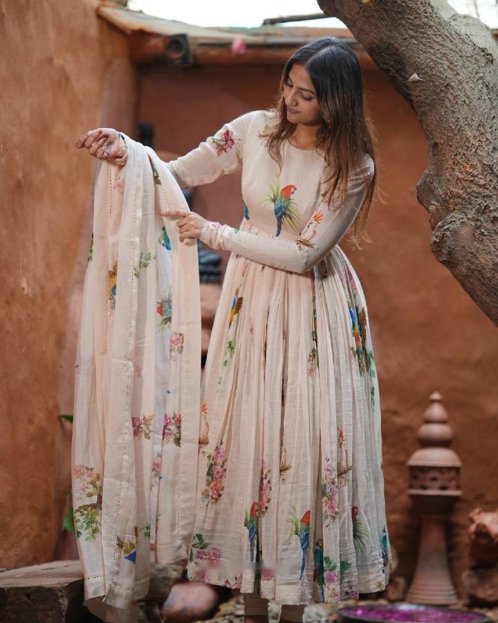 Ivory Floral Print Anarkali Suit Set