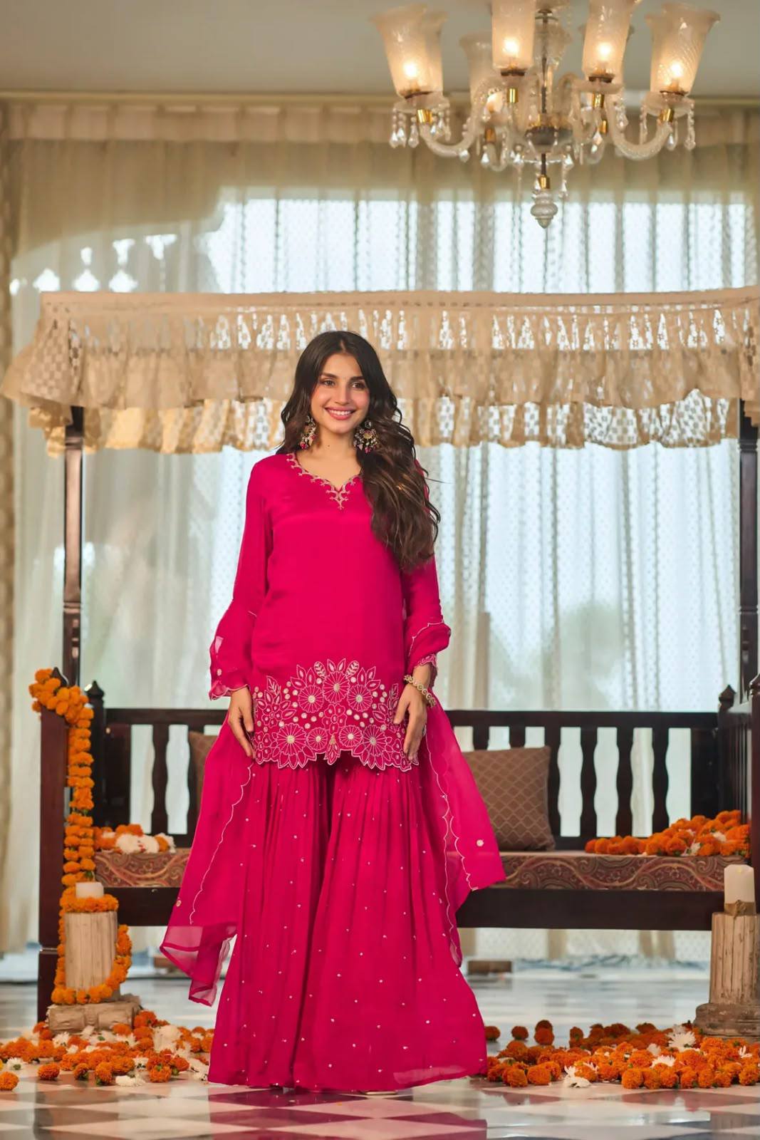 Floral Embroidered Sharara Suit Set with Dupatta