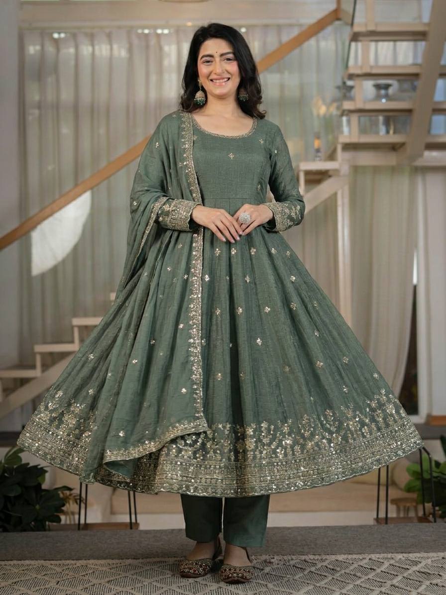 Sage Green Embroidered Anarkali Suit with Dupatta | Designer Festive Wear