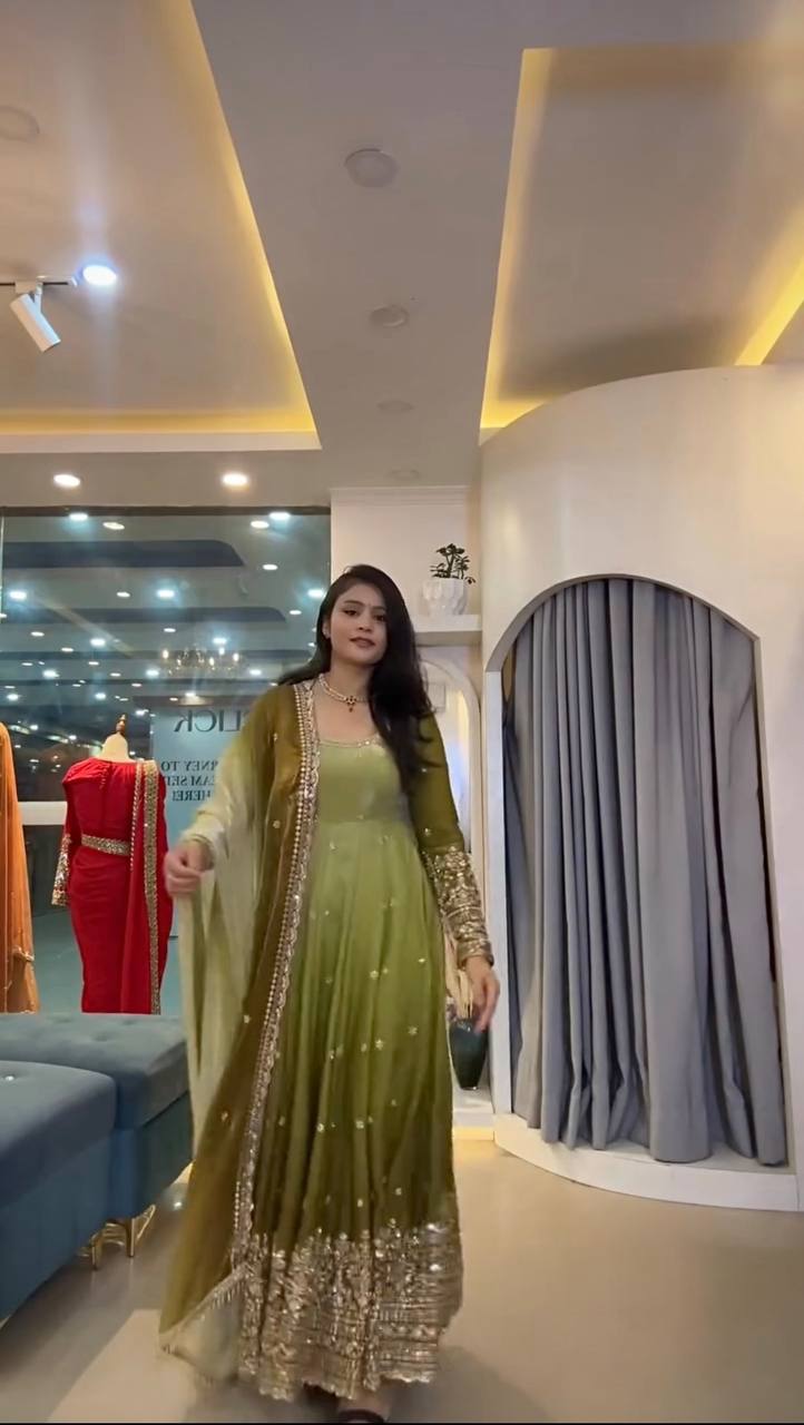 Olive Green Embroidered Anarkali Suit Set with Designer Dupatta