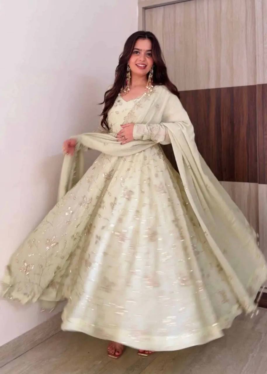 Pastel Mint Green Embroidered Anarkali Gown with Dupatta