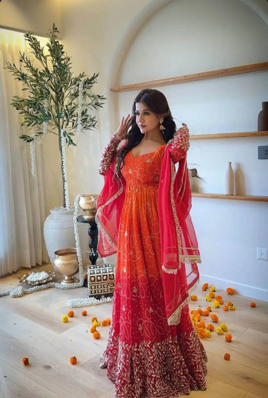 Rust Orange & Wine Red Bandhani Anarkali Suit with Embroidered Dupatta