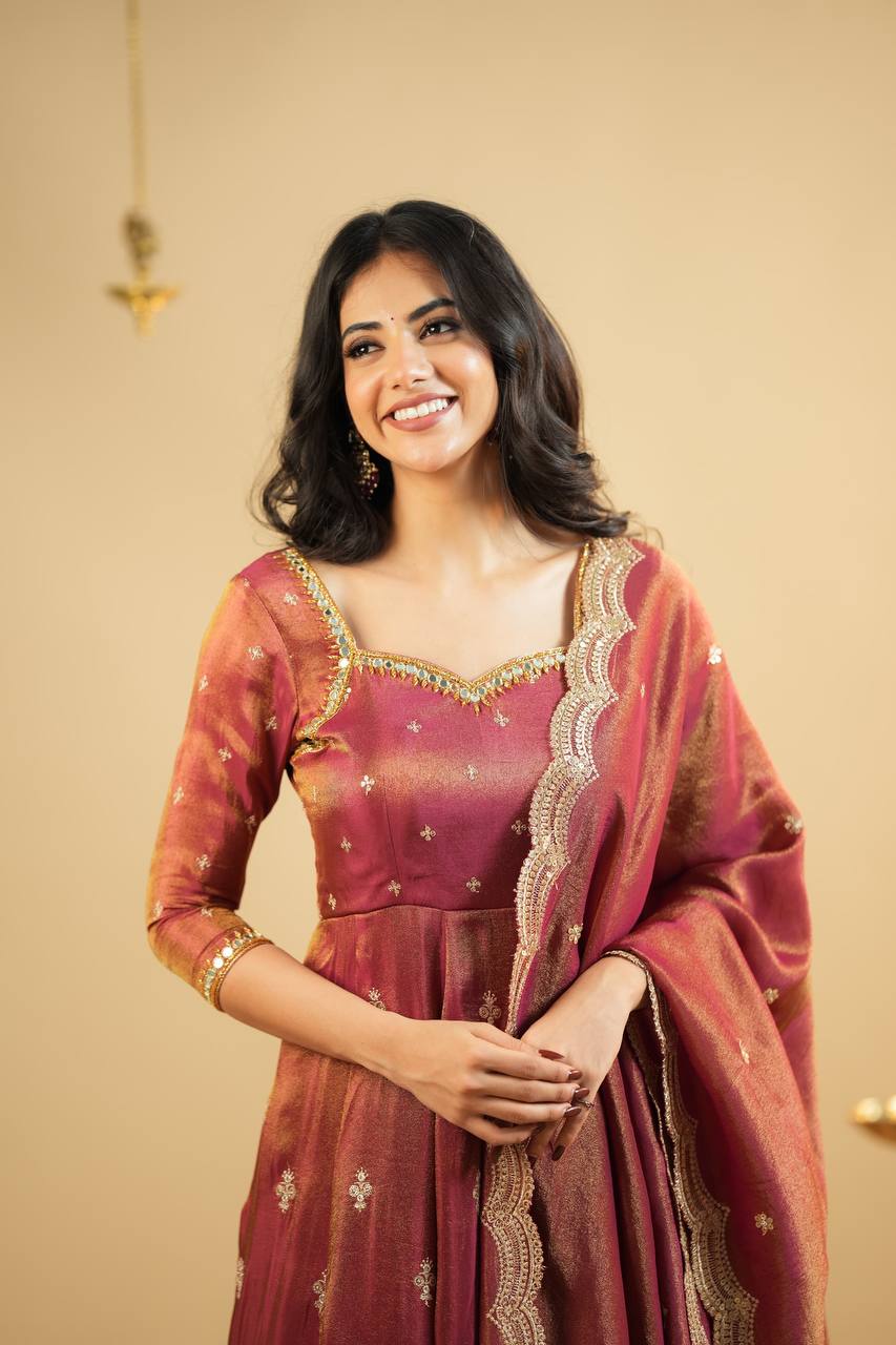 Wine Maroon Zari Embroidered Anarkali Suit Set