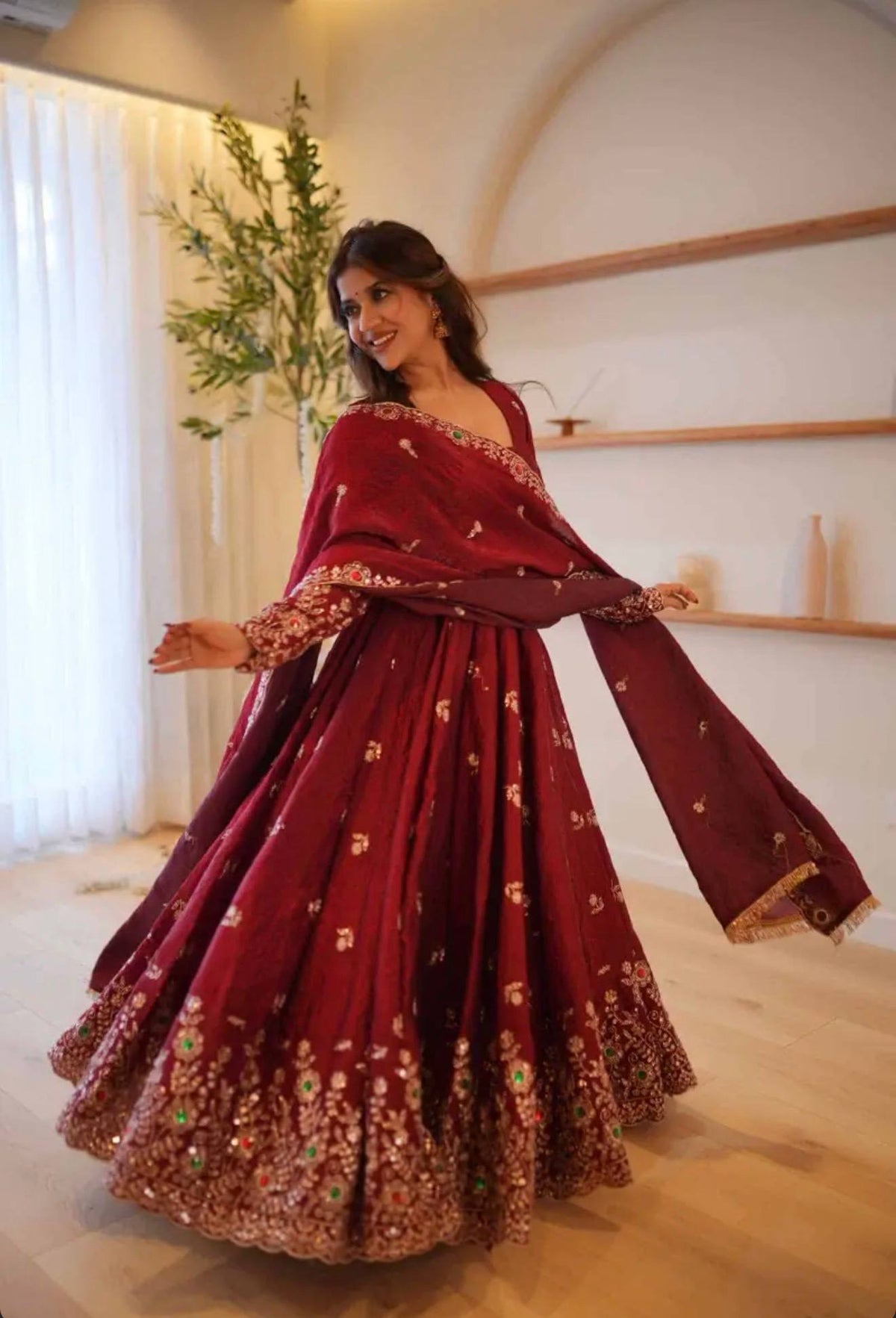 Maroon Embroidered Anarkali Suit with Designer Dupatta