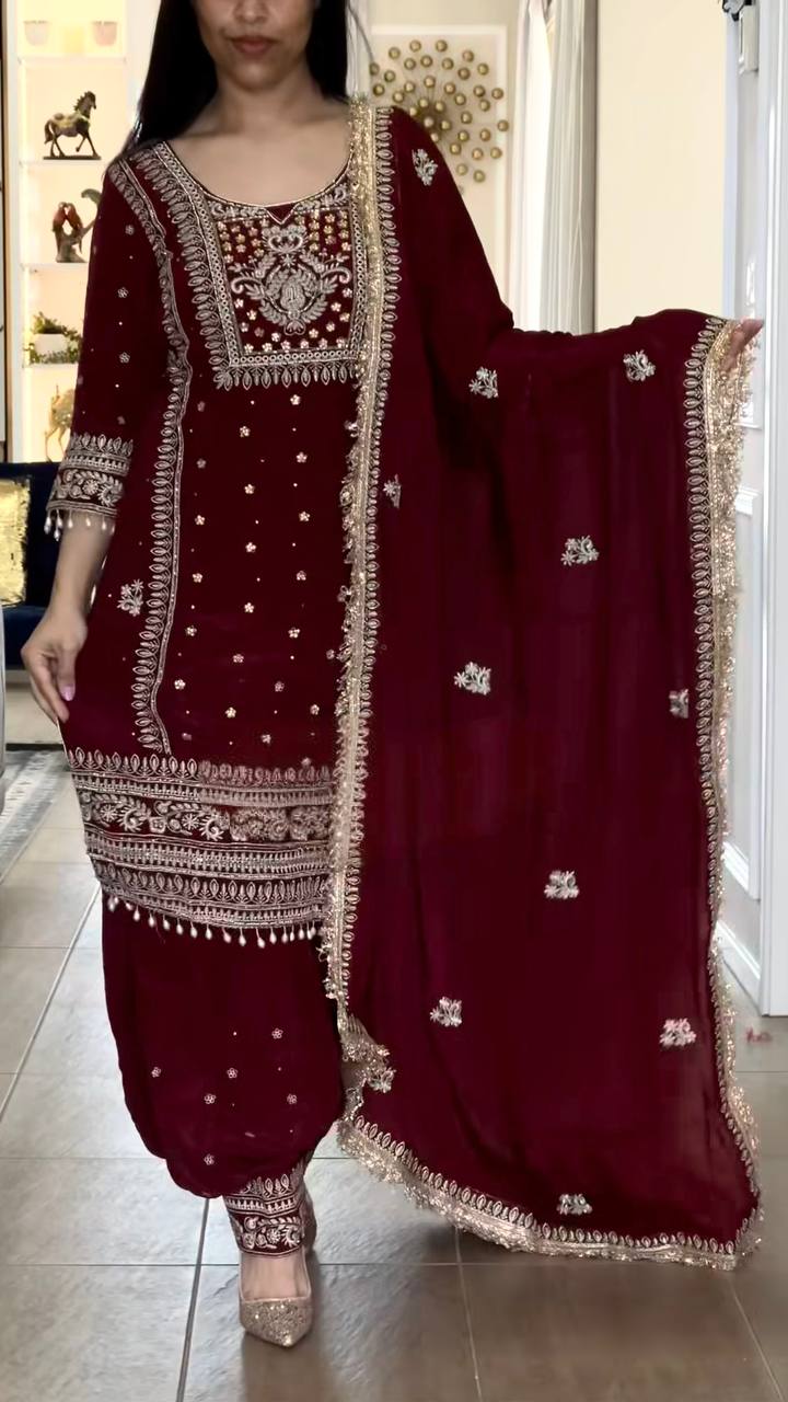 Premium Wine Traditional Suit with Intricate Embroidery