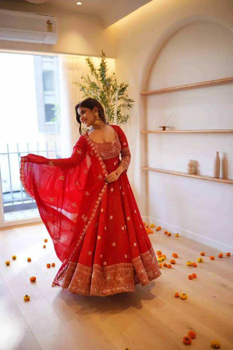 Red Embroidered Anarkali Gown with Golden Zari Work & Dupatta | Designer Wedding Wear