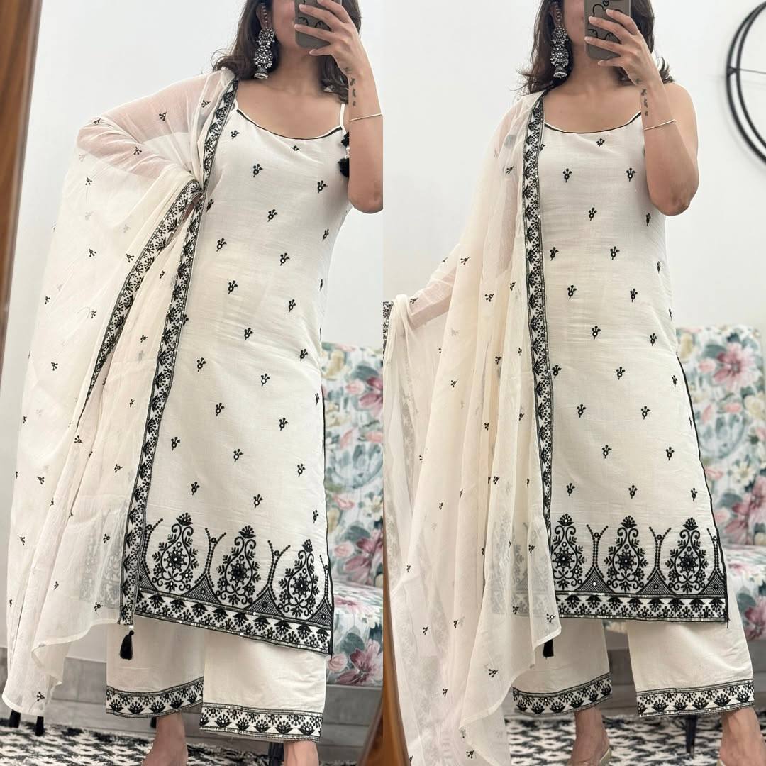 Premium Cotton Embroidered Kurta Pant Suit Set with Mulmul Dupatta