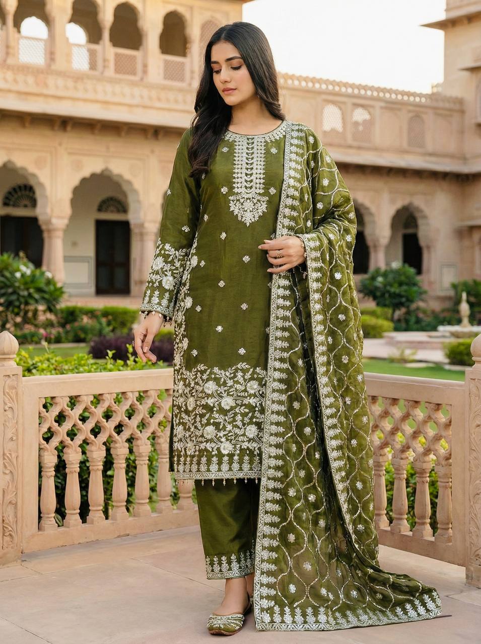 Elegant Olive Green Traditional Suit with Heavy Embroidery