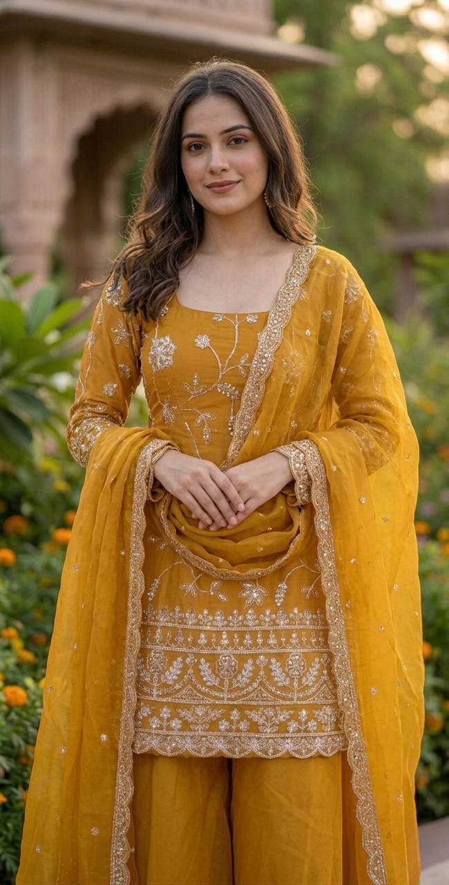 Luxury Mustard Yellow Embroidered Palazzo Suit Set with Dupatta