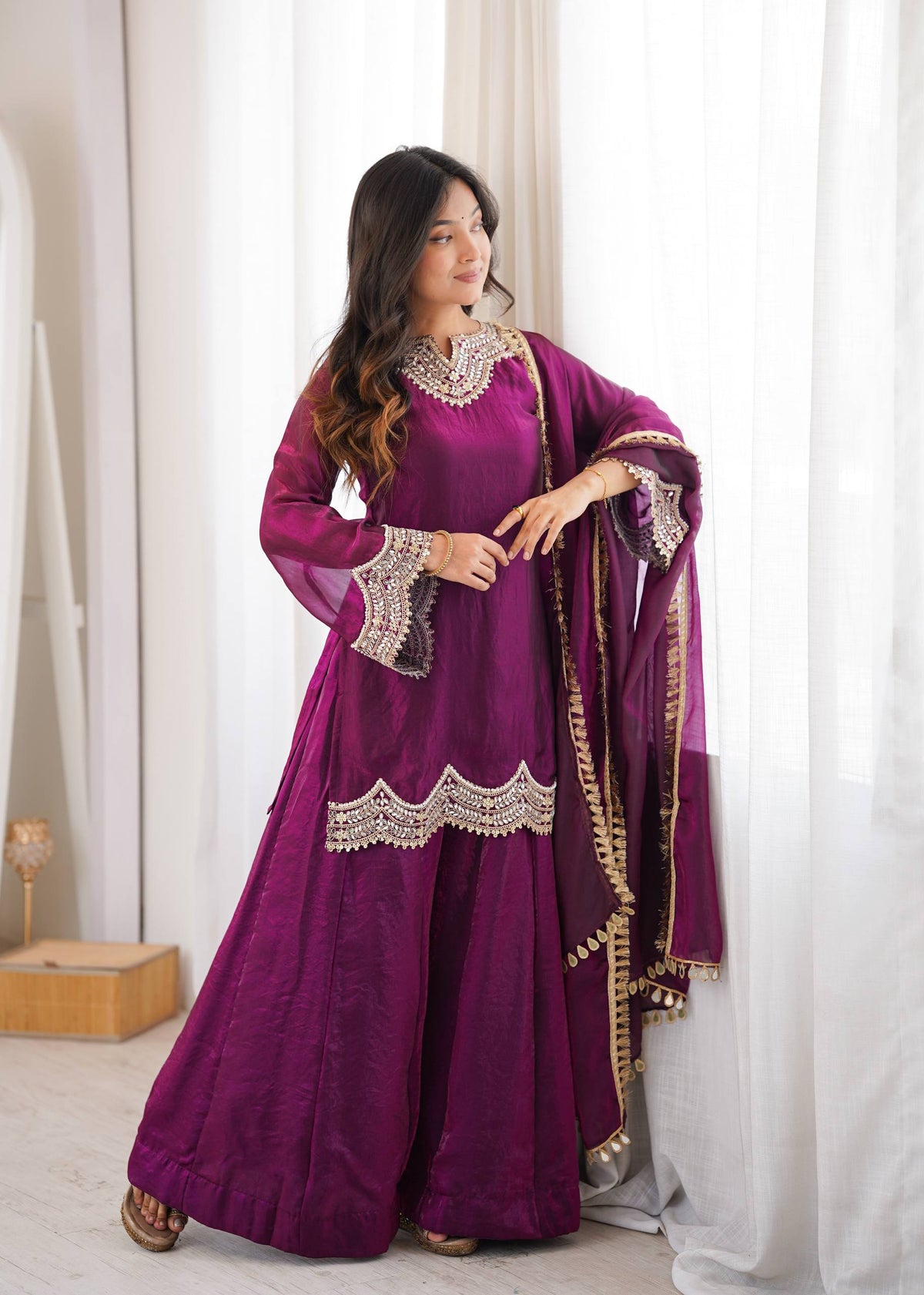 Royal Purple Velvet-Feel Sharara Suit Set with Heavy Embroidery & Designer Dupatta