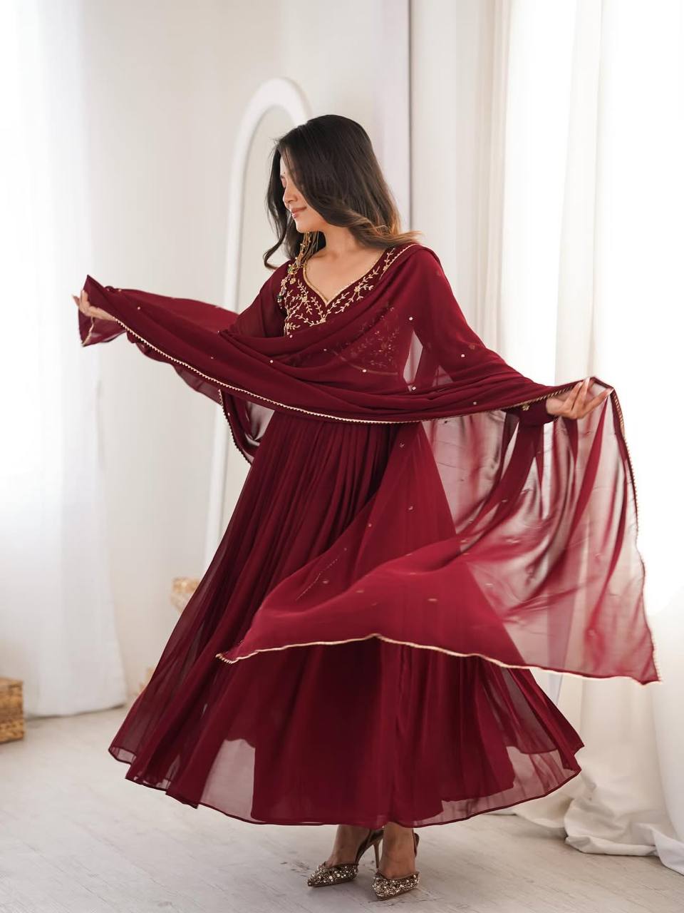 Designer Maroon Embroidered Long Anarkali Suit