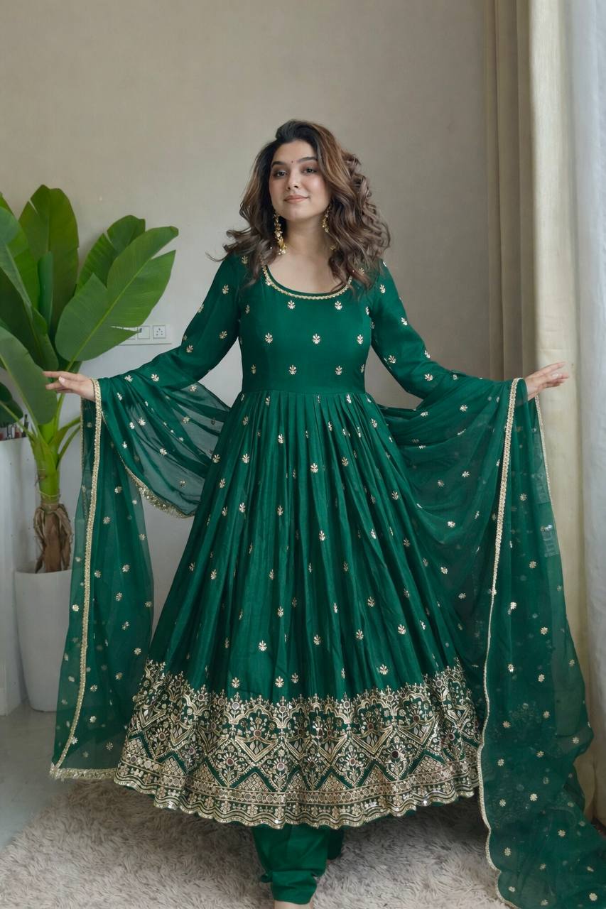 Emerald Green Embroidered Anarkali Suit Set with Dupatta