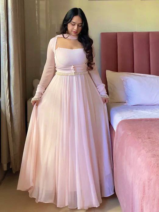 Blush Chiffon Maxi Dress with Square Neck and Sheer Sleeves