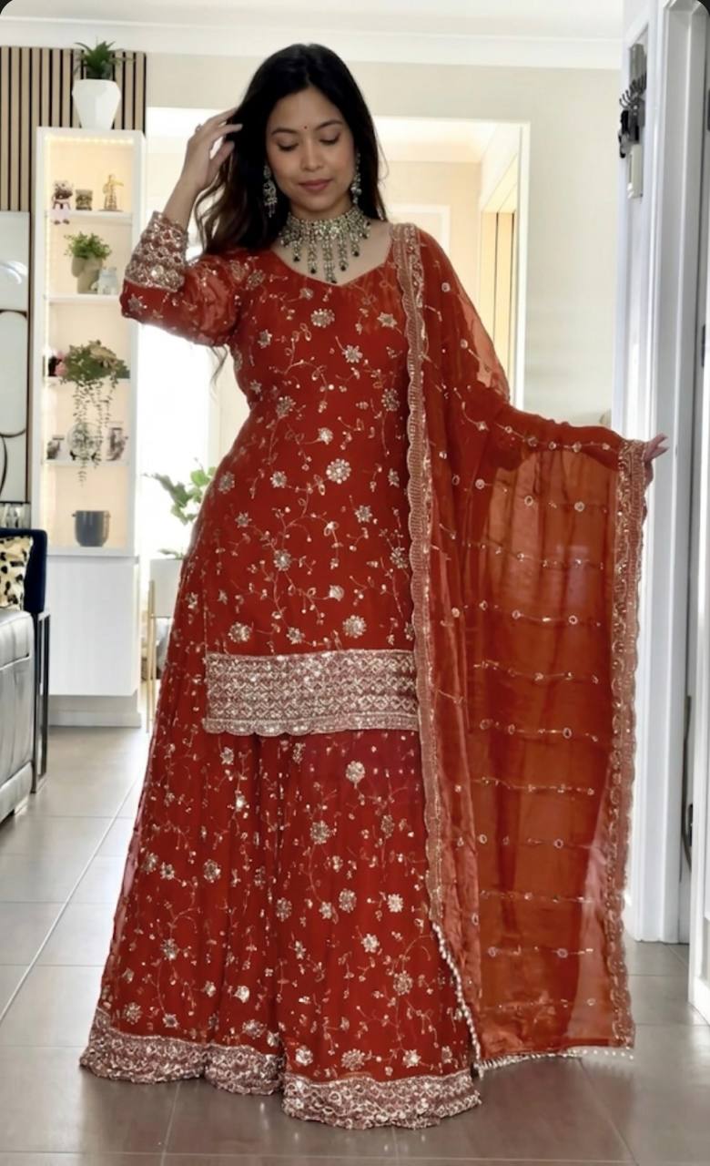 Bridal Style Red Embroidered Sharara Set