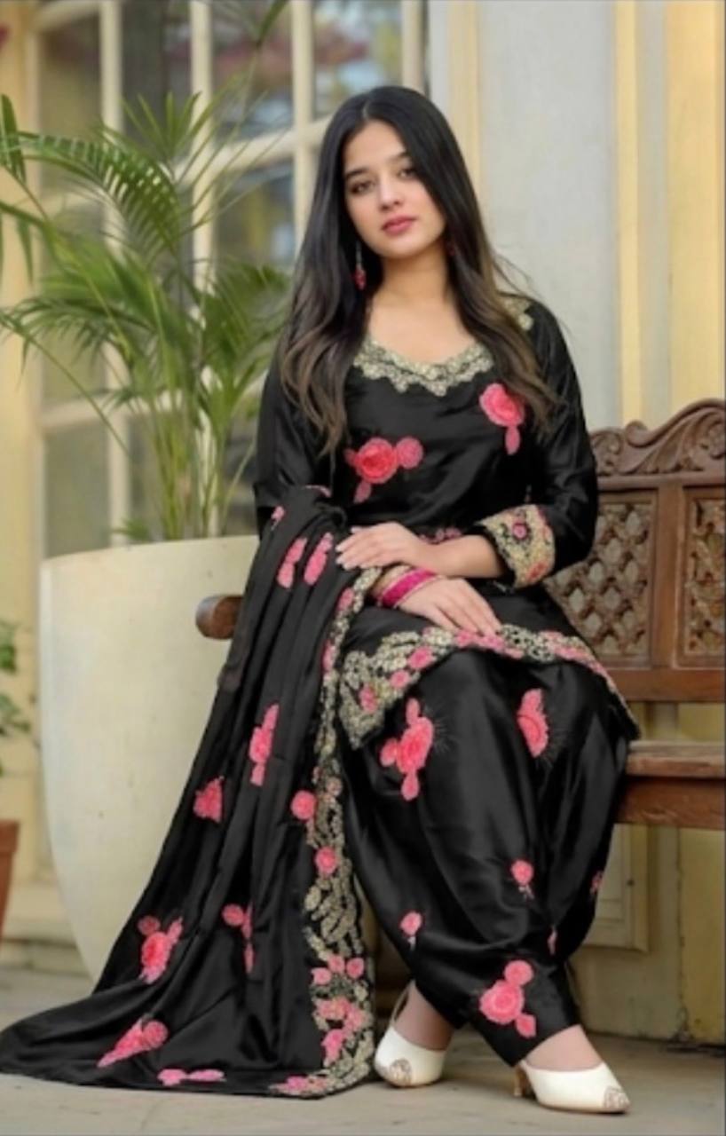 Festive Black Embroidered Kurta Set with Floral Pants for Women