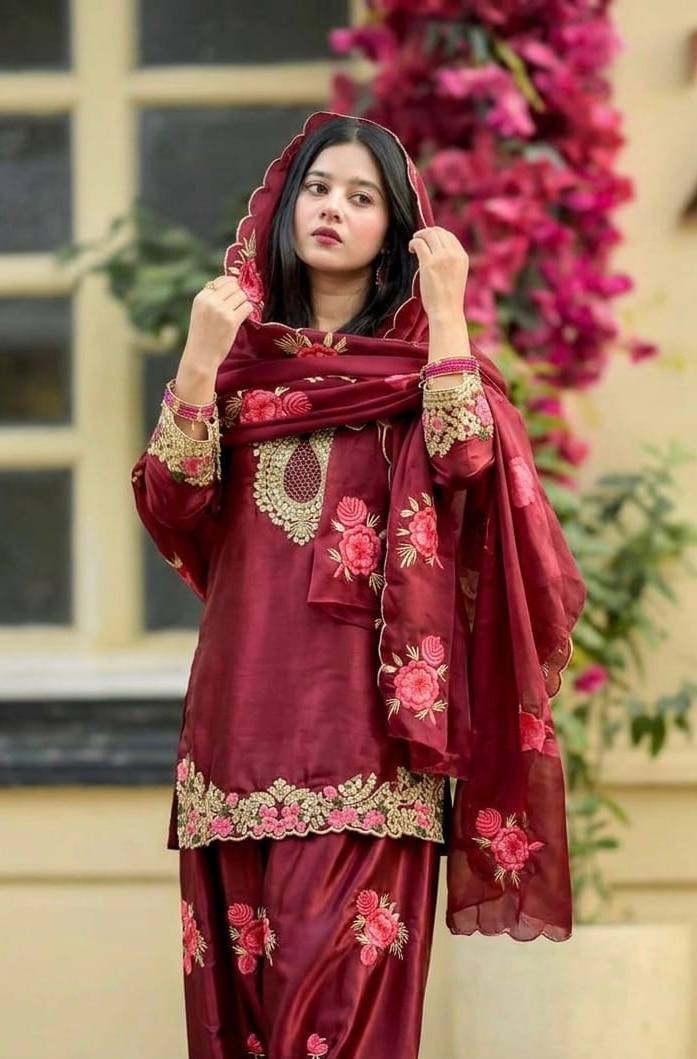Festive Maroon Embroidered Kurta Set with Floral Pants for Women
