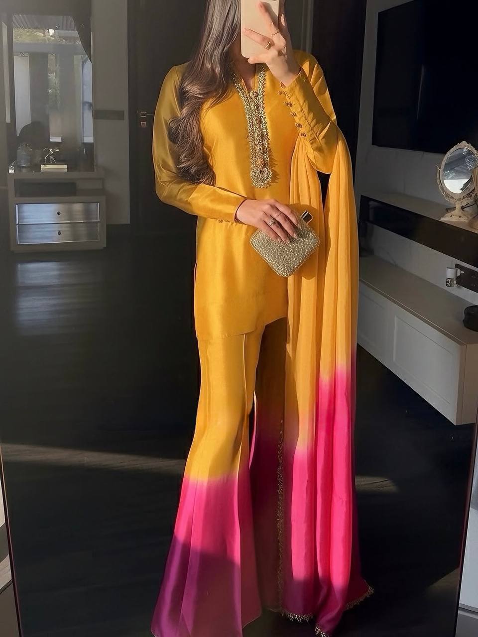 Wedding Wear Yellow Ombre Suit Set with Designer Embroidery