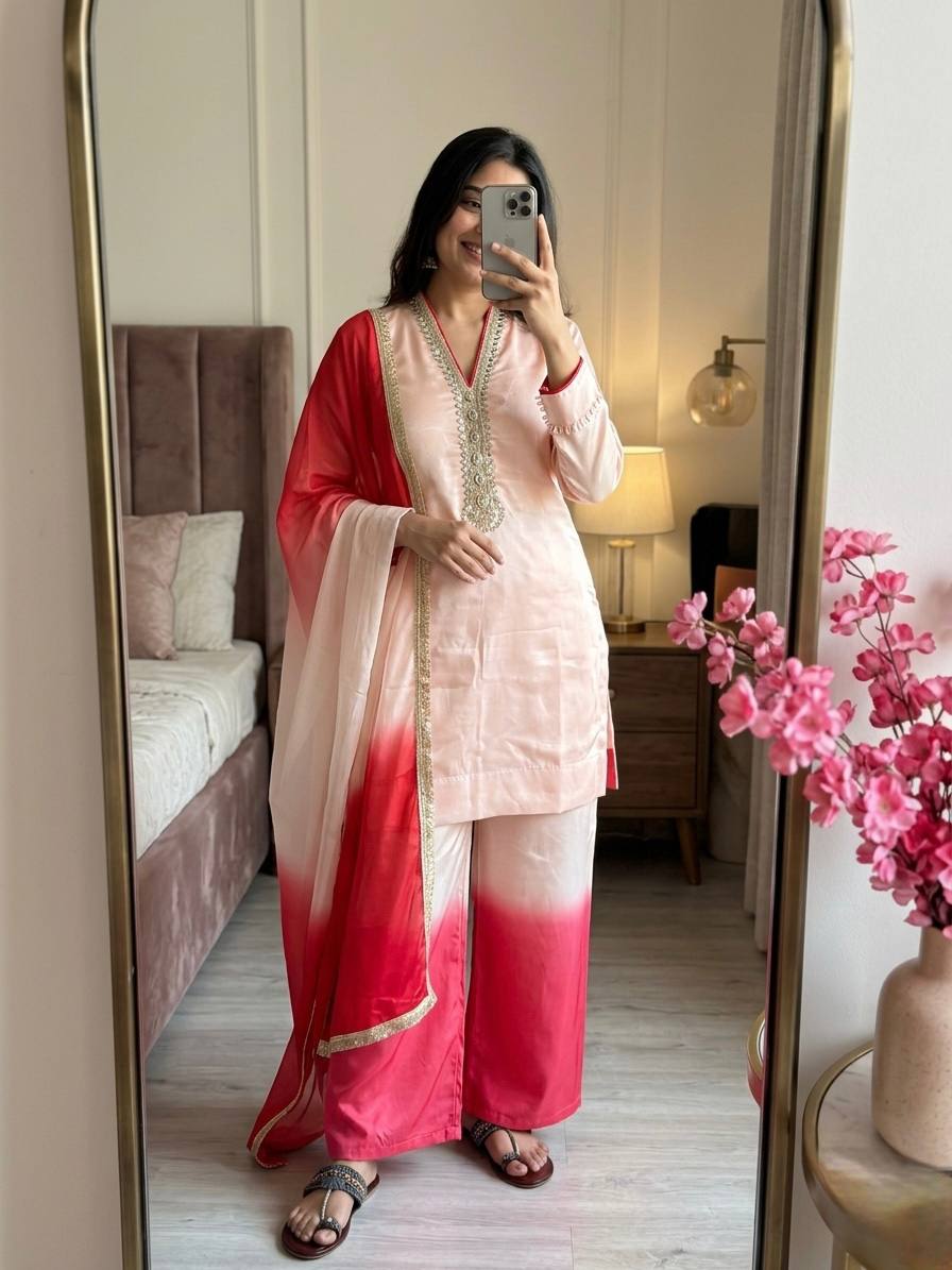 Elegant Peach Silk Kurta Set with Pink Shaded Dupatta