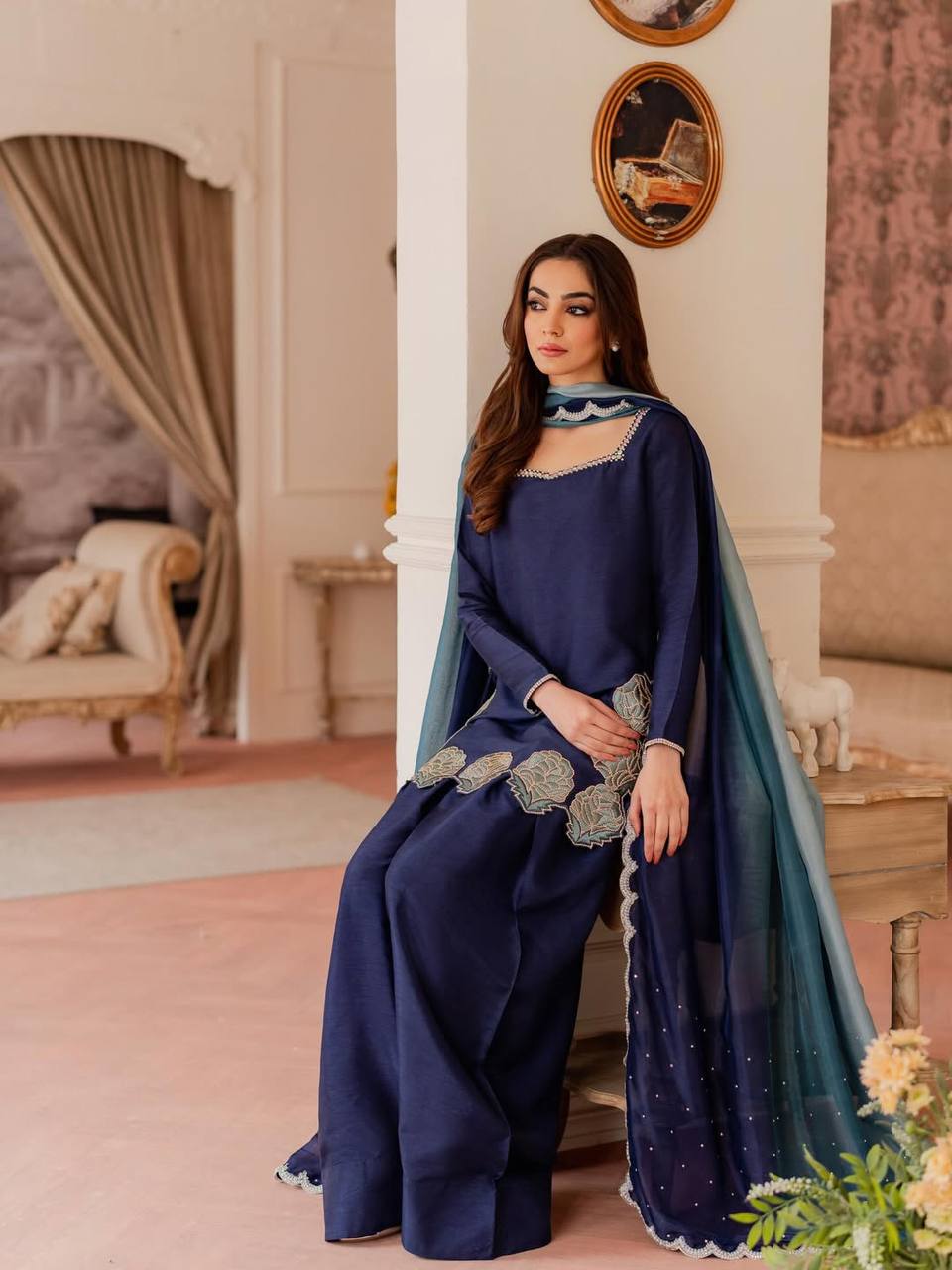 Navy Blue Embroidered Kurta Set with Organza Dupatta – Elegant Festive Wear