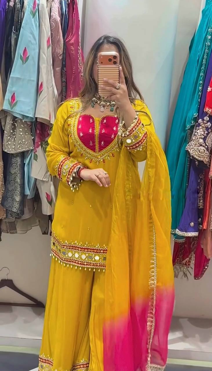Mustard Yellow & Hot Pink Embroidered Pakistani Suit with Ombre Dupatta