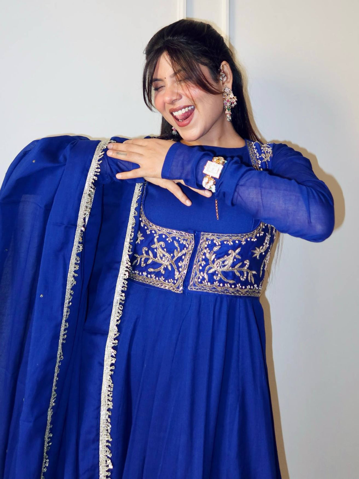 Designer Royal Blue Anarkali Suit Set with Embroidered Dupatta
