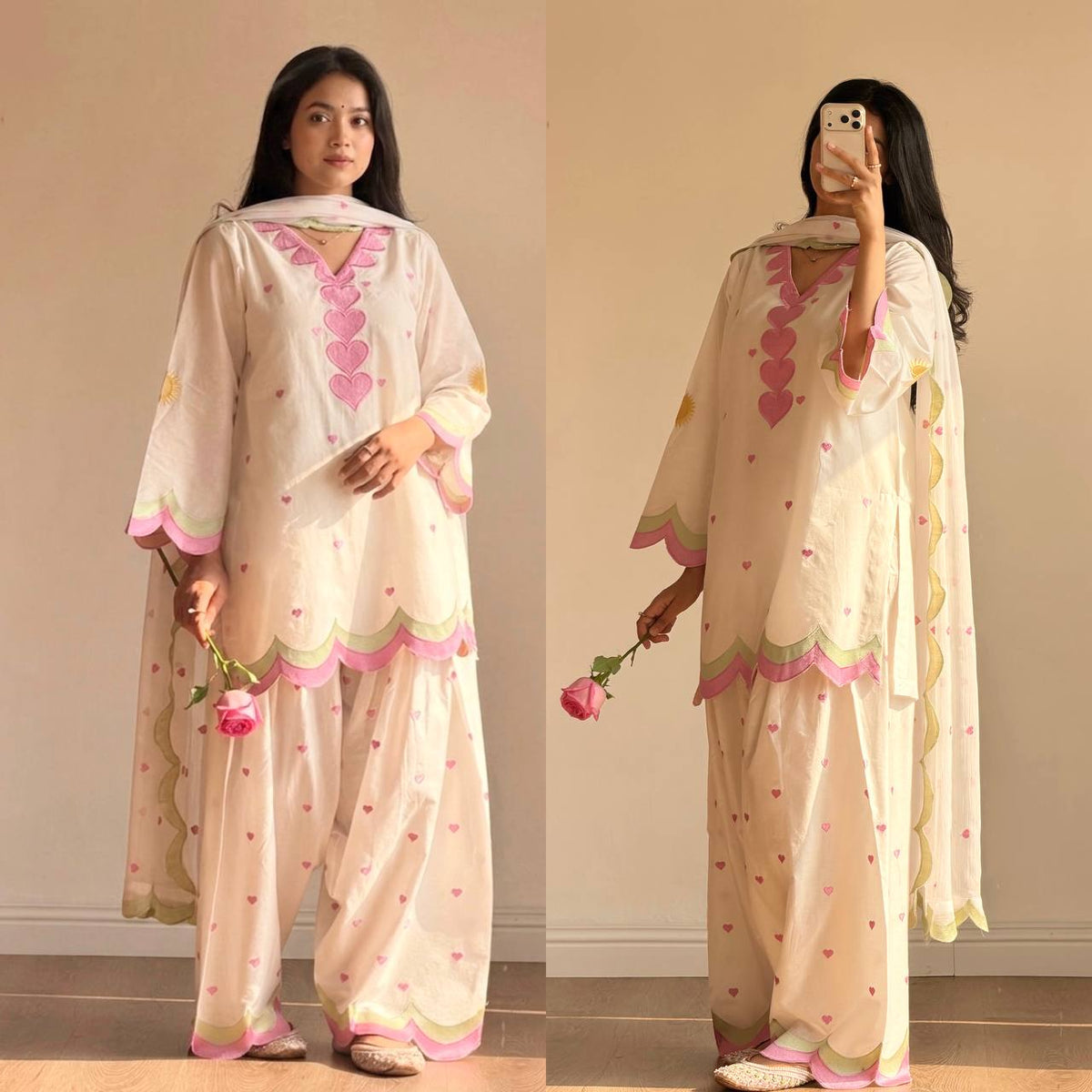 Multi Colored Heart Embroidered Cotton Palazzo Suit Set with Designer Dupatta