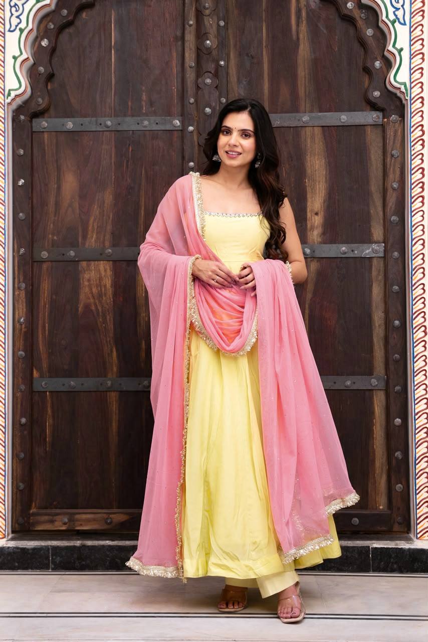 Pastel Pink & Yellow Designer Anarkali Suit