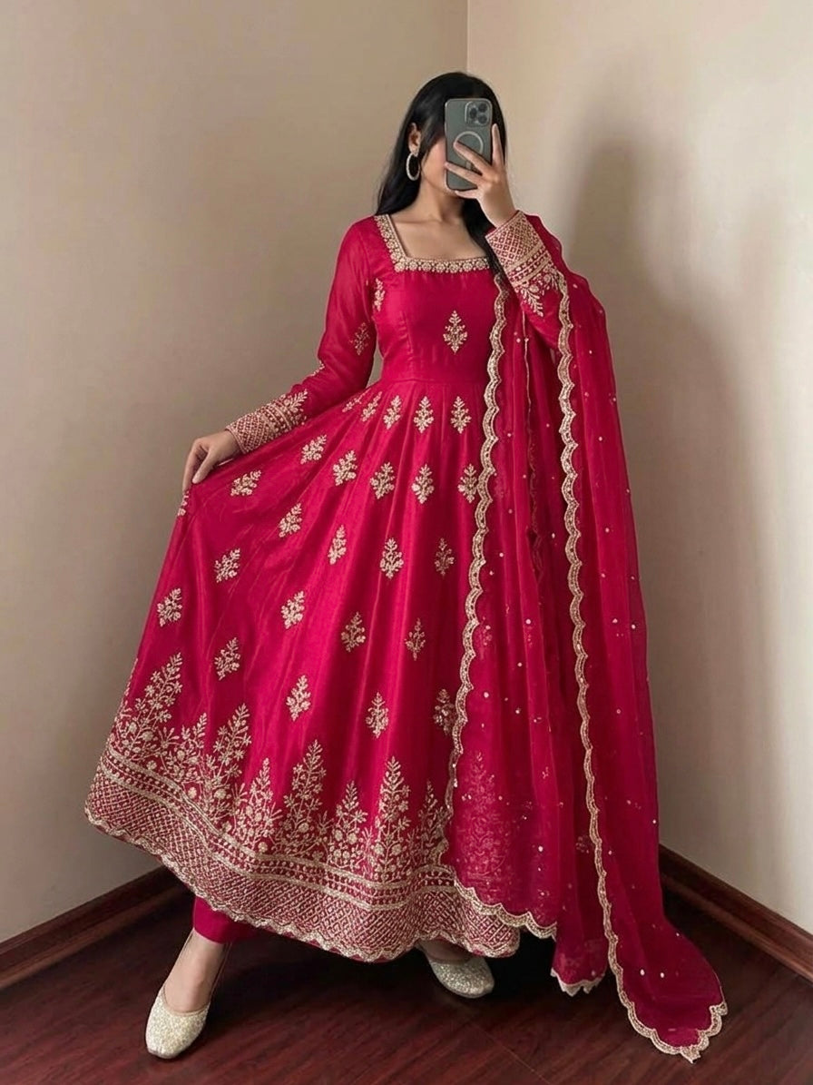 Premium Royal Embroidered Silk Anarkali Suit Set