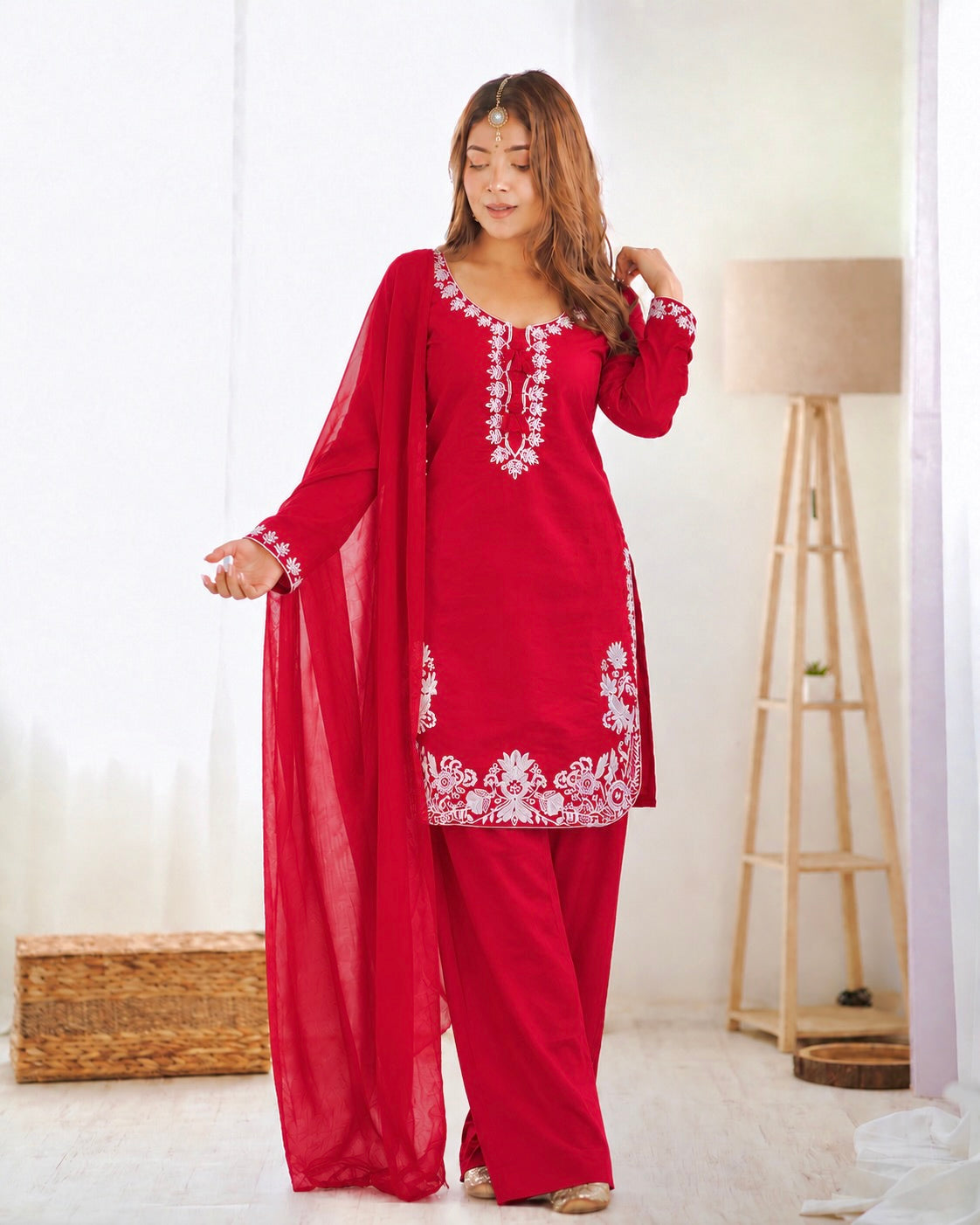 Elegant Embroidered Straight Suit Set with Palazzo & Dupatta