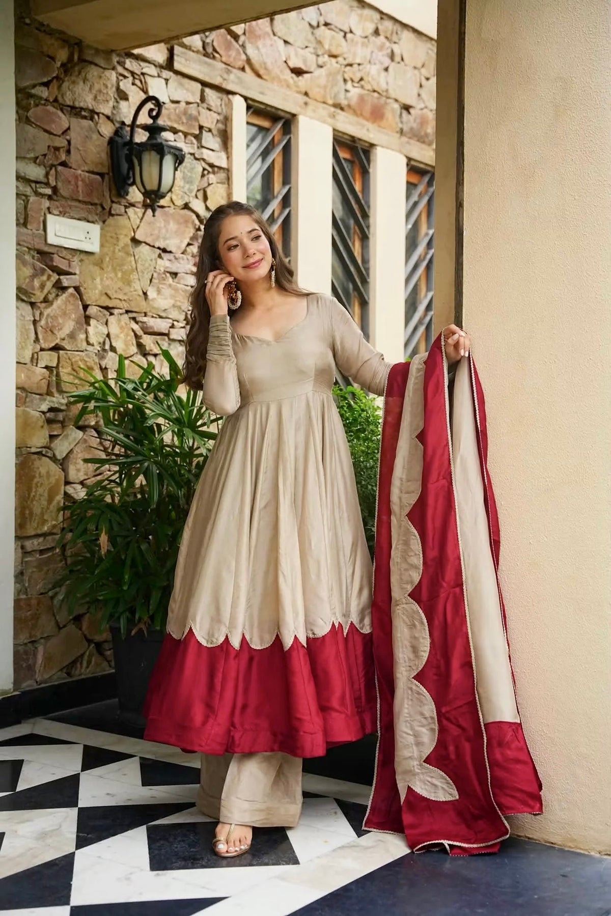 Elegant Maroon Beige Satin Anarkali Suit Set