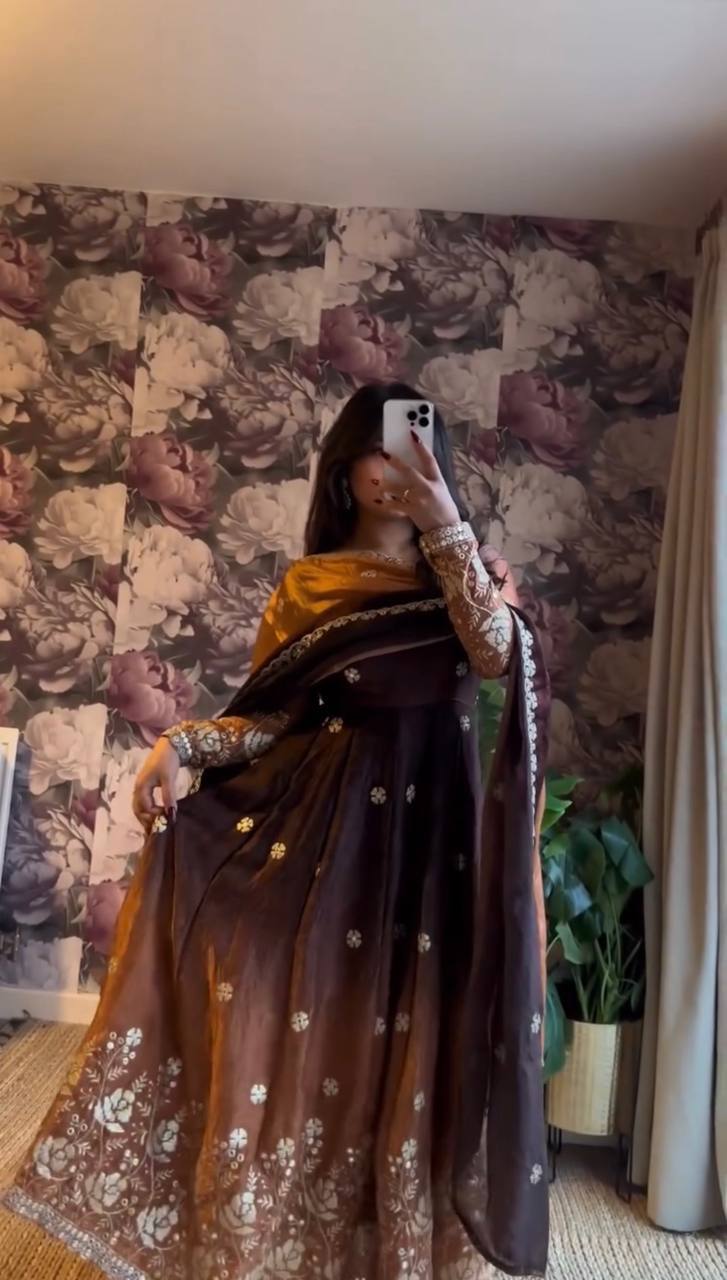 Royal Chocolate Brown Floral Embroidered Anarkali Gown