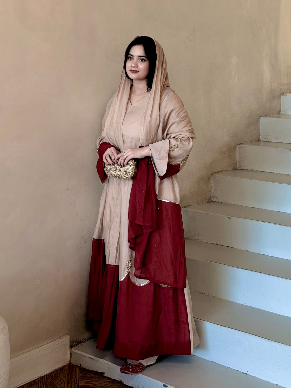 Elegant Wine & Beige Embroidered Sharara Suit Set
