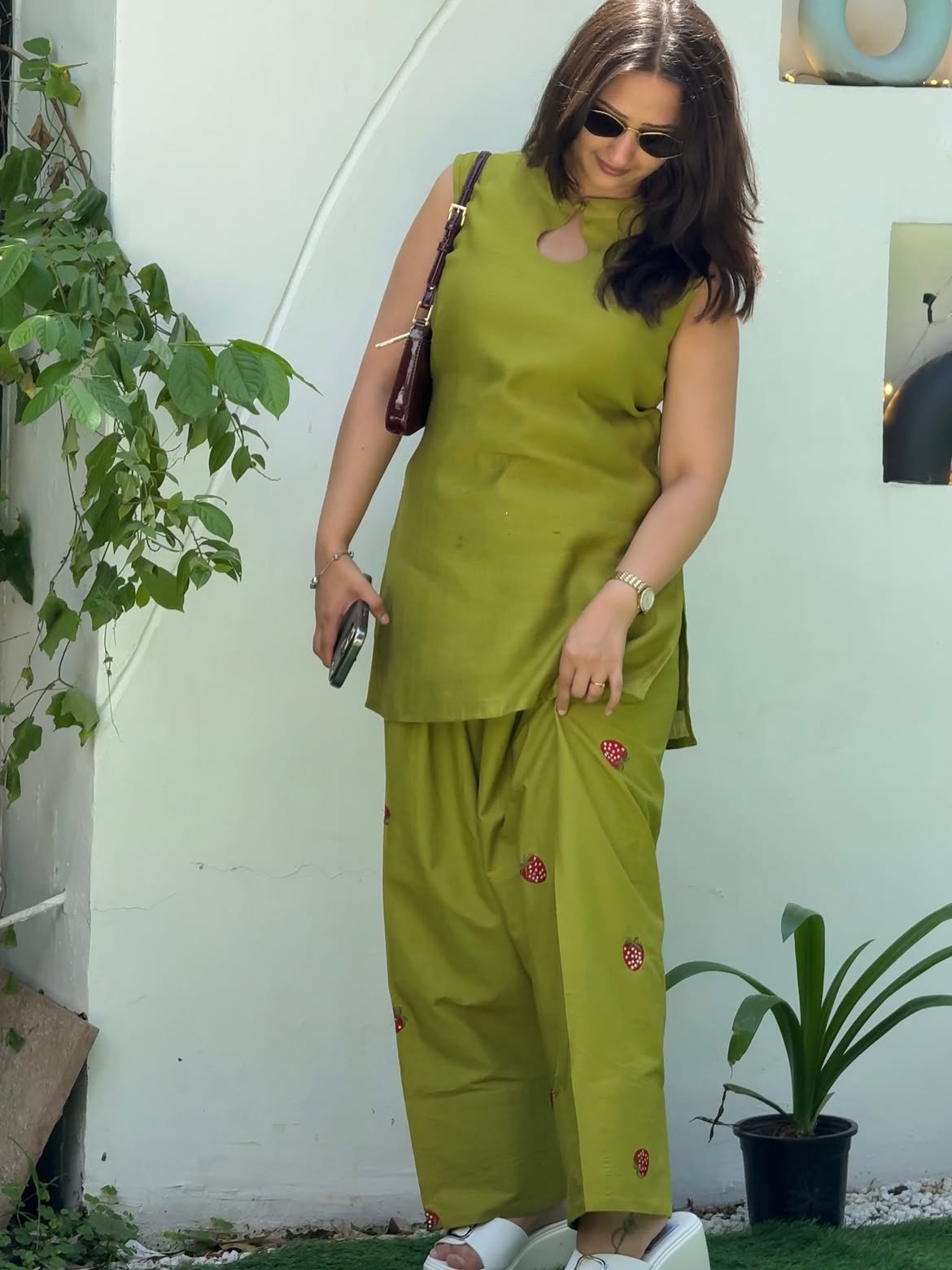 Olive Green Cotton Kurta Pant Set with Handcrafted Button Details